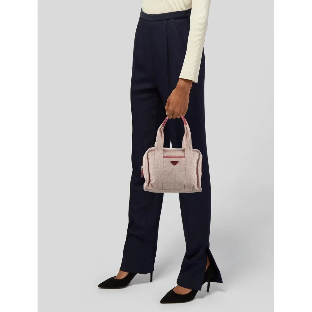 Rare Prada Misto Lino Handle Naturale Canvas Mini Shoulder Bag Red Pink Tote - Picture 3 of 16